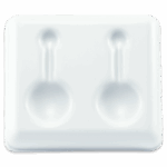 White rectangular Spot Plate - Plastic with two-well design, featuring round indents and raised lines to securely hold and separate items like spoons. The smooth surface contrasts with the light gray background.