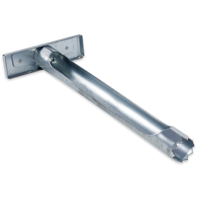 A metal tool with a rectangular handle and a long, cylindrical shaft ending in a serrated, circular edge, the Soil Sampling Tube - 1055 is ideal for coring or extracting soil or plant samples.