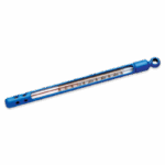 The Armored Thermometer - 1066 features a blue protective casing and displays temperature readings in both Celsius and Fahrenheit. This glass thermometer includes a loop at one end for easy hanging.