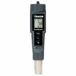 A handheld digital water tester called pH TRACER PockeTester - 1741 by LaMotte displays a pH reading of 7.8 and a temperature of 75.3°F on its screen, with control buttons just below the display.