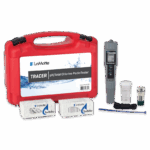 A red carrying case labeled LaMotte pH TRACER PockeTester 1741-KIT-01 sits beside a handheld digital tester, two boxes of test tablets, a sample container, a vial, a blue stick, and a black cord.