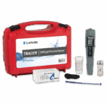 The ORP TRACER PockeTester - 1742-KIT-01 comes in a red carrying case with a digital tester, two sample containers, test tablets, a spoon, and black cord—all neatly arranged on a white background.