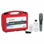 A red plastic carrying case labeled LaMotte TRACER sits beside a SALT/TDS/TEMP TRACER PockeTester, a small plastic cup, a clear empty container, a bottle of calibration solution, and a black cord.