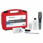 A LaMotte pH/SALT/TDS/TEMP TRACER PockeTester™ kit includes a red carrying case, test tabs, a bottle, a cup, black strap, blue stick, and a digital pocket tester with display for versatile water testing.