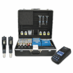A black carrying case open to display the SMART Water Analysis Laboratory - 1951-04, featuring various water testing equipment like digital meters, sample bottles, test tubes, and a multi-button digital device, all neatly organized inside.
