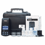 A LaMotte 2020t Portable Turbidity Meters - 1974-T kit with the device, four sample vials, calibration and cleaning solutions, water sample bottle, instruction manuals, and a black carrying case arranged on a white background.