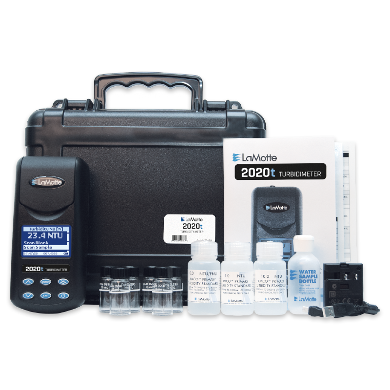 A LaMotte 2020t Portable Turbidity Meters - 1974-T kit with the device, four sample vials, calibration and cleaning solutions, water sample bottle, instruction manuals, and a black carrying case arranged on a white background.