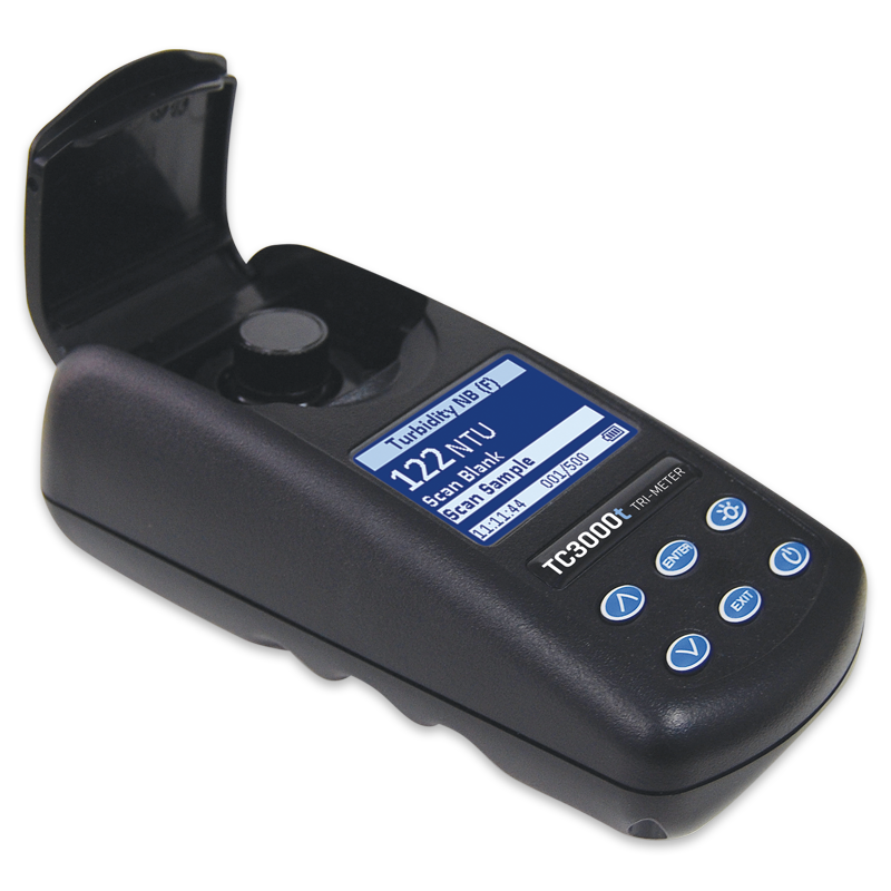 A black handheld TC3000T Turbidity meter with a digital display screen showing readings, five control buttons, and an open sample compartment lid.