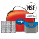 A red carrying case, three packs of ColorQ 2x TesTabs PRO-4 - 2082 tablets, and a digital ColorQ 2x water tester are shown. A large NSF logo and a label stating Certified to NSF/ANSI/CAN 50 are also visible.