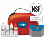 A red carrying case, three chemical test bottles, a pH indicator bottle, and a ColorQ 2x Pool 4 Kit - 2085 digital reader with a display showing 7.2. A badge states Certified to NSF/ANSI/CAN 50.
