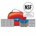 A ColorQ 2x TesTabs® PRO 7 pool water testing kit with a red carrying case, electronic tester, multiple reagent packets, and an NSF certification logo stating Certified to NSF/ANSI/CAN 50.
