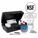 A black carrying case with pool water testing supplies, including liquid bottles, a color comparator, test tubes, brush, blue ColorQ 2x PRO 7-PLUS Kit - 2094 tester device, manual, and NSF certification badge in the background.