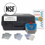 A pool water testing kit with a black carrying case, ColorQ 2x TesTabs PRO 9 - 2099 electronic meter displaying 7.2, a Pool Manager handbook, and several foil packets of test tablets. The NSF certification badge is also shown.