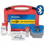 A red ColorQ 2x High Range Chlorine Test Kit - 2100 featuring various testing bottles, a test strip container, a sample vial, a digital reader, and a Bluetooth symbol.