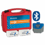 A red carrying case labeled LaMotte ColorQ 2x Low Range Chlorine Test Kit 2102 is shown with two boxes of TesTabs and a small blue and gray electronic device beside a Bluetooth symbol.