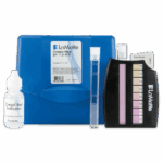 The LaMotte pH Test Kit 7.2 - 8.6 pH - 2111-01 includes a blue carrying case, pH color chart, dropper bottle labeled Cresol Red Indicator, and two clear test tubes for accurate testing.