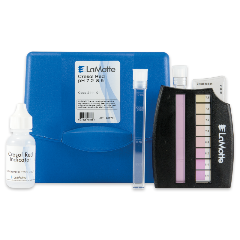 The LaMotte pH Test Kit 7.2 - 8.6 pH - 2111-01 includes a blue carrying case, pH color chart, dropper bottle labeled Cresol Red Indicator, and two clear test tubes for accurate testing.