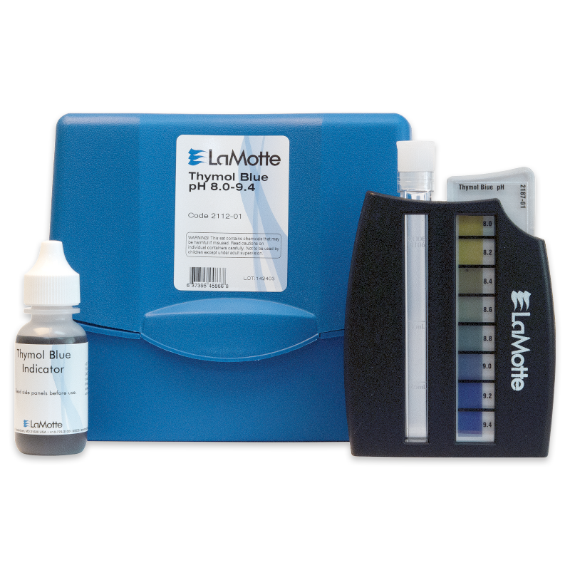 The LaMotte Thymol Blue pH Test Kit 8.0 - 9.4 pH - 2112-01 features a blue carrying case, a “Thymol Blue Indicator” dropper bottle, test tube, and a color comparator showing the pH scale from 8.0 to 9.4.