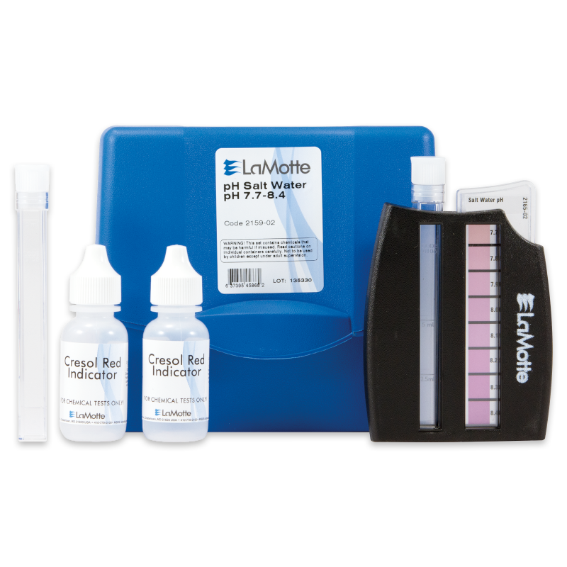 The Salt Water pH Test Kit - 2159-02 includes two indicator bottles, a test tube, a blue carrying case, and a black color chart displaying pink pH levels from 7.7 to 8.4.