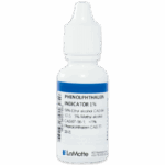 A small white bottle labeled Phenolphthalein Indicator 1%, used as a titration reagent for alkalinity, with a white dropper cap. The label lists ingredients, company information, and features a barcode on the side.