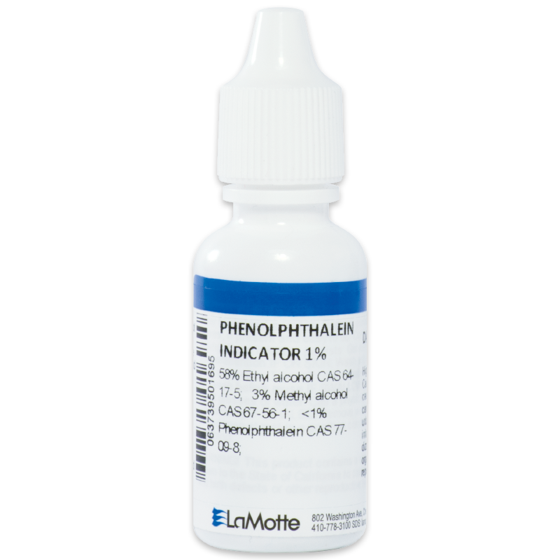 A small white bottle labeled Phenolphthalein Indicator 1%, used as a titration reagent for alkalinity, with a white dropper cap. The label lists ingredients, company information, and features a barcode on the side.