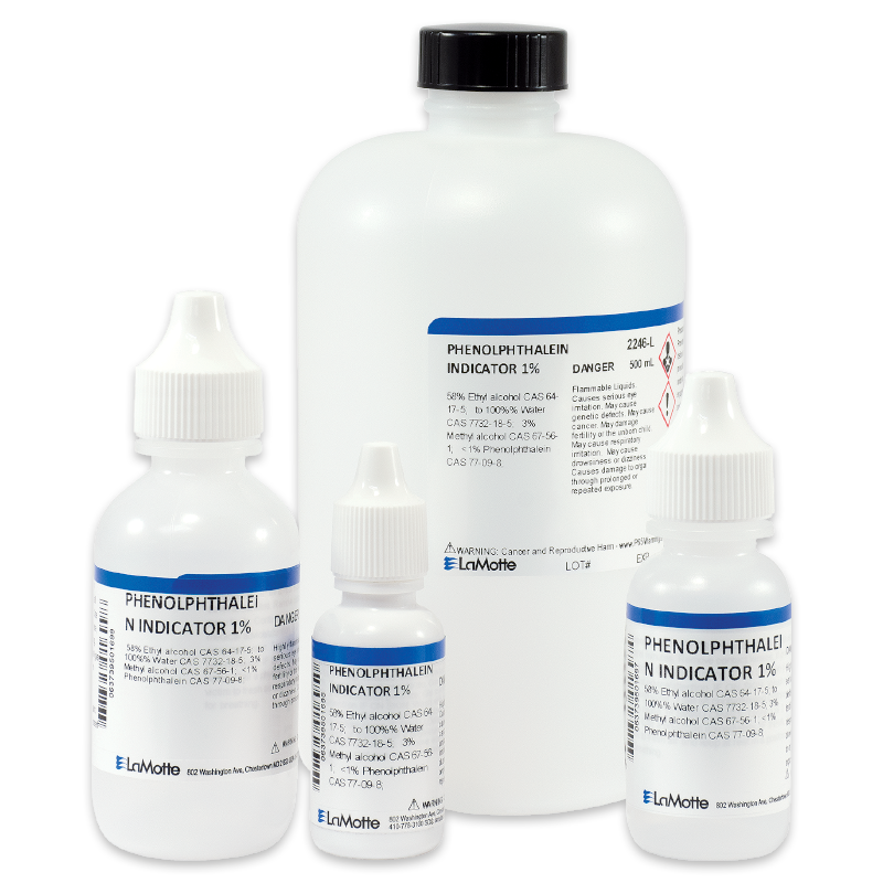 Four bottles of phenolphthalein indicator solution, a titration reagent for alkalinity, in various sizes with white caps and labels displaying product information, arranged against a plain white background.