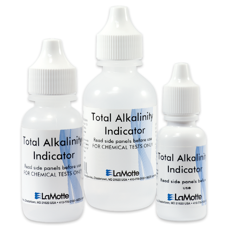 Three plastic dropper bottles labeled “Total Alkalinity Indicator” by LaMotte, with white caps, shown on a white background. The bottles are different sizes and display text about chemical test use.
