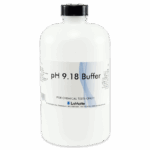 A white plastic bottle labeled pH 9.18 Buffer, marked as a Standardized pH Buffer Solution for chemical tests only; features a black cap and the LaMotte logo on the label.