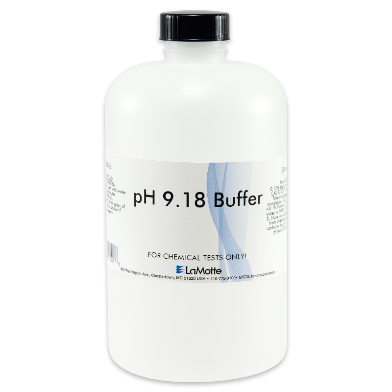 A white plastic bottle labeled pH 9.18 Buffer, marked as a Standardized pH Buffer Solution for chemical tests only; features a black cap and the LaMotte logo on the label.