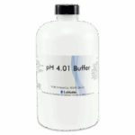 A white plastic bottle labeled pH 4.01 Buffer by LaMotte, featuring a black screw cap, contains Standardized pH Buffer Solutions for chemical tests, with product details clearly printed on the label.