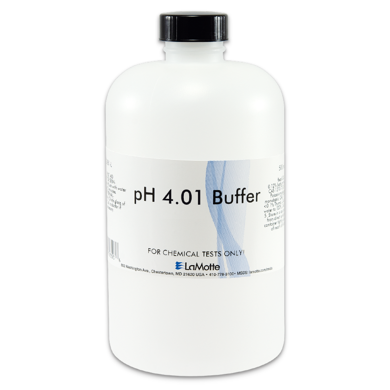 A white plastic bottle labeled pH 4.01 Buffer by LaMotte, featuring a black screw cap, contains Standardized pH Buffer Solutions for chemical tests, with product details clearly printed on the label.