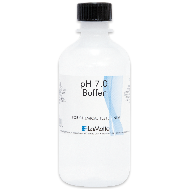 Clear plastic bottle labeled pH 7.0 Buffer with black cap; used for chemical tests. The label features LaMotte branding, instructions, blue design accents on the right side, and identifies it as a Standardized pH Buffer Solution.