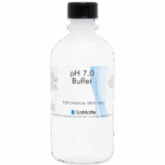 A clear plastic bottle with a black cap labeled pH 7.0 Buffer by LaMotte, designated for chemical tests only. This standardized pH buffer solution is used to calibrate pH meters accurately.