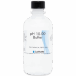 Une bouteille en plastique transparent avec un bouchon noir, étiquetée pH 10,00 Buffer de LaMotte, contient une solution tampon de pH standardisée uniquement pour les tests chimiques. Le label fournit des informations sur les produits et l’entreprise.