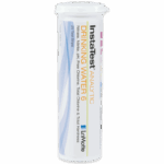 A white cylindrical container labeled Insta-Test 6-Way Drinking Water Test Strips - 2933 by LaMotte, used for testing nitrate, nitrite, pH, free chlorine, total chlorine, and total hardness in drinking water.