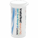 Un recipiente de plástico blanco etiquetado como Dual Range QAC Test Strips - 2934 Insta-Test ANALYTIC contiene 50 tiras. Cuenta con una tapa de presión con texto azul y naranja sobre un fondo blanco.