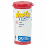 A white cylindrical container with a red lid labeled Insta-TEST® Iron Test Strip - 2935-G contains 25 strips. The label displays Iron in English, Spanish, and French, and features a color chart strip for easy testing.