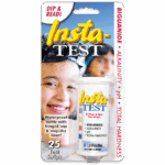A package of Insta-TEST Biguanide and Total Hardness Test Strips, featuring a child smiling in the background. The label highlights tests for biguanide, alkalinity, pH, and total hardness. Each box contains 25 test strips.