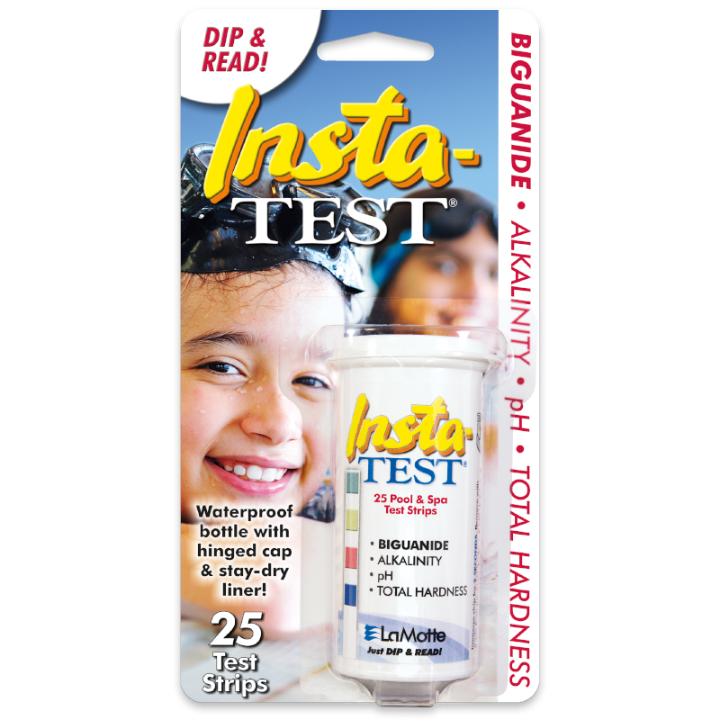 A package of Insta-TEST Biguanide and Total Hardness Test Strips, featuring a child smiling in the background. The label highlights tests for biguanide, alkalinity, pH, and total hardness. Each box contains 25 test strips.