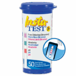 A blue container of Insta-TEST 3 Plus Test Strips - 2976 for pools, labeled for testing free chlorine, alkalinity, and pH, features a test strip illustration on the front. The package contains 50 test strips.