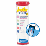A cylindrical container of Insta-TEST 5 Plus Test Strip - 2977 with a red lid and colorful label displays test parameters for chlorine, alkalinity, pH, and hardness. An icon shows a test strip being dipped in water.