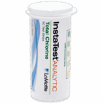 A white plastic container labeled Insta-Test ANALYTIC Total Chlorine Test Strip - 2979 with 50 test strips by LaMotte. The label displays a color chart for chlorine levels and features blue, green, and orange text.
