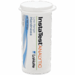 A white plastic container labeled Insta-Test ANALYTIC Low Range Hardness Test Strips - 2981 by LaMotte, containing 50 strips for measuring water hardness. The snap-on lid and blue graphic accents complete the design.
