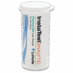 A white cylindrical container labeled Insta-Test ANALYTIC Low Range Hydrogen Peroxide Test Strips - 2984LR by LaMotte, featuring blue and orange text and a white lid.