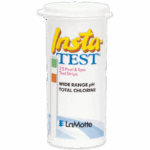 A white container labeled Insta-TEST® Wide Range Total Chlorine & pH Test Strips-2987-G with the LaMotte logo at the bottom. The container features a color chart on the left side for easy water testing.