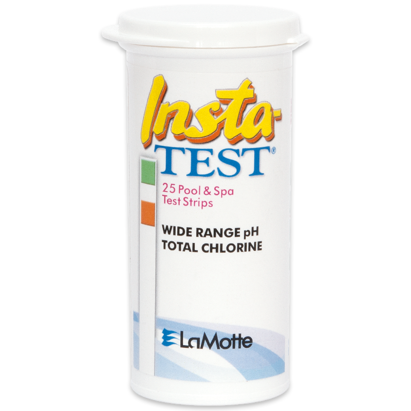 A white container labeled Insta-TEST® Wide Range Total Chlorine & pH Test Strips-2987-G with the LaMotte logo at the bottom. The container features a color chart on the left side for easy water testing.