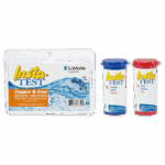 Two containers of Insta-TEST Copper and Iron Test Strip Kit - 2994-01, one for copper with a blue lid and one for iron with a red lid, sit beside packaging featuring water imagery and the LaMotte logo.