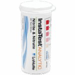 A white container labeled Insta-Test Nitrate & Nitrite Test Strips - 2996, 50 strips by LaMotte, featuring a color chart on the side showing pink shades for Nitrite levels from 0 to 10 ppm.