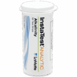 A white plastic container labeled Insta-Test ANALYTIC Alkalinity Test Strips - 2997 by LaMotte, featuring blue and orange text and a white cap on top.