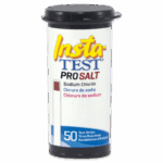 A white plastic container labeled Insta-TEST® PRO Sodium Chloride (Salt) Test Strips - 2998-H, featuring a black lid and blue label, contains 50 test strips for convenient salt testing.